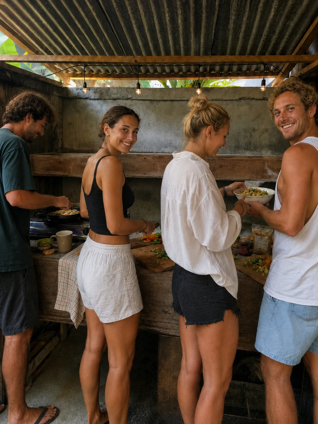 Long table, everyone helps.