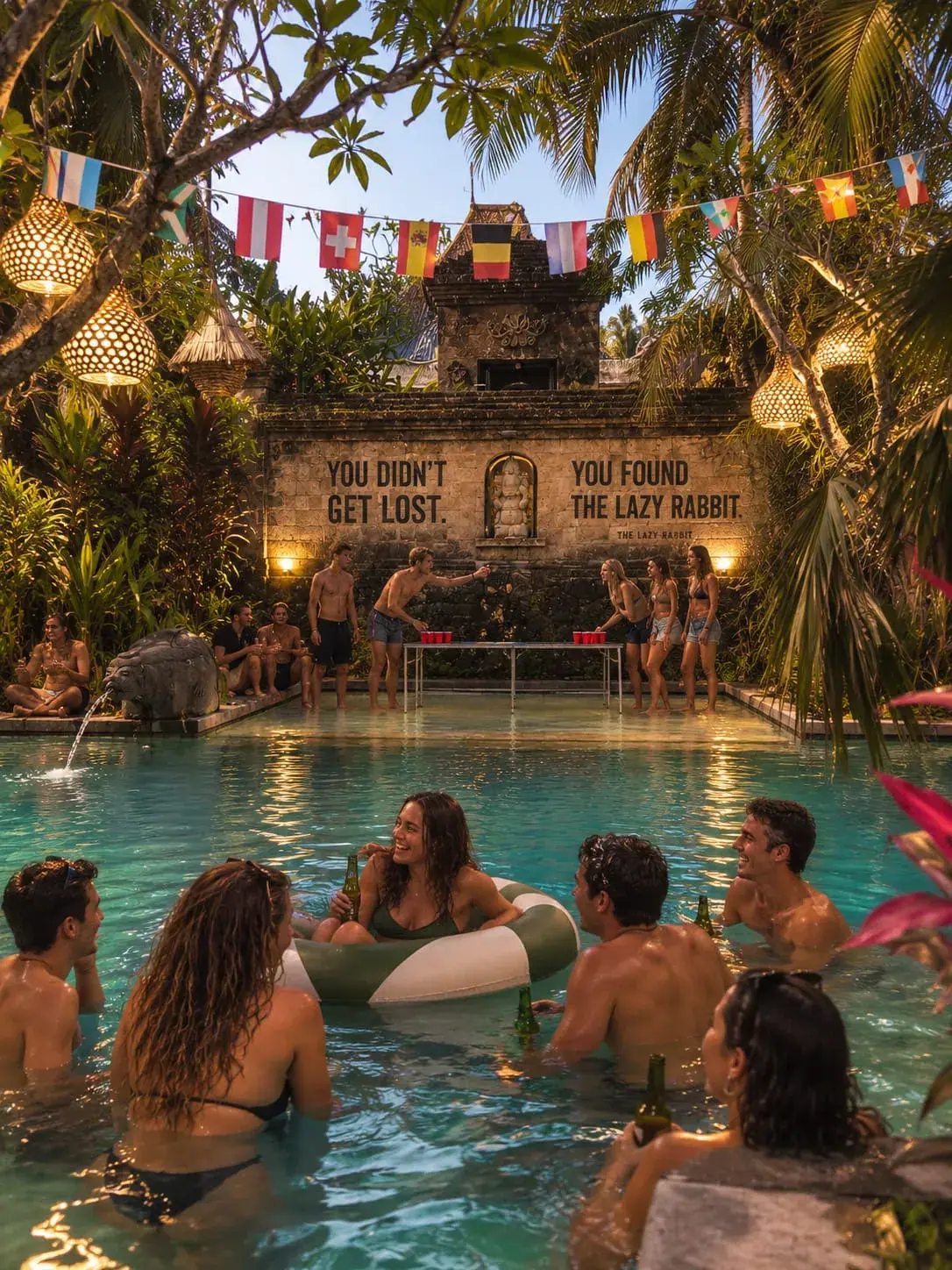 Guests in the pool at The Lazy Rabbit Hostel in Ubud, in front of the painted wall reading You didn't get lost, you found The Lazy Rabbit