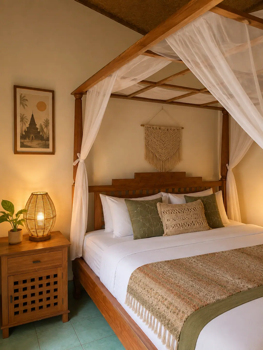 Four-poster bed with a mosquito net and a bedside lamp